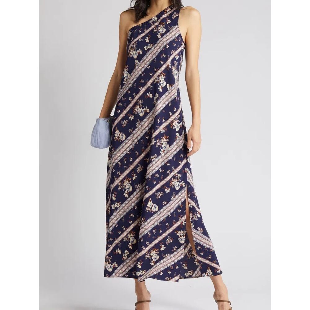 Chelsea28 One Shoulder Floral Maxi Dress Navy Blue Plus Size 3X Flowy Draped